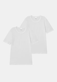 Two plain white T-shirts with short sleeves, round necklines, and a smooth cotton texture, stacked slightly overlapping.