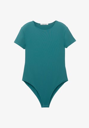 Body teal cu mâneci scurte, decolteu rotund și un design conformat. Fabricat dintr-un material neted și elastic, cu o deschidere înaltă la picior.