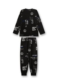 Pigiama nero composto da maglia a maniche lunghe e pantaloni. Il design include grafiche bianche e blu, simboli di pace e testo "QUALUNQUE COSA VENGA DOPO."