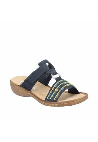 Navy blue sandal with two cross straps and circular silver hardware. Features multicolored woven accents and a light tan cushioned sole.