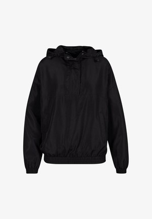 Čierna pulóvrová bunda s kapucňou, s elastickými manžetami a lemom, predným polovičným zipsom a hladkou, ľahkou textúrou látky.