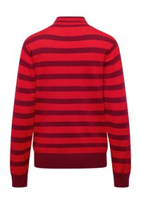 Roter gestreifter Pullover mit abwechselnd breiten und schmalen Streifen, einem gerippten Kragen sowie gerippten Bündchen und Saum. Weiche Textur, lässiges Design.