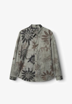 Hosszú ujjú ing textúrált szürke anyagból, sötétbarna és fekete virágmintával. Klasszikus gallér és gombos elülső kialakítás.