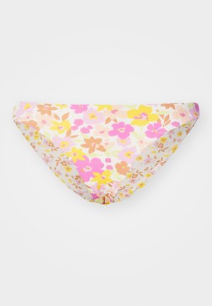 Květnatý spodní díl plavek s pastelovou barevnou paletou, v níž se na bílém pozadí nacházejí růžové, žluté a béžové květiny; tenký pás, bezešvý design.