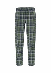Grüne und marineblaue karierte Hose mit entspanntem Schnitt, elastischem Taillenbund und Kordelzug. Der Stoff hat eine weiche Textur und ein markantes Karomuster.