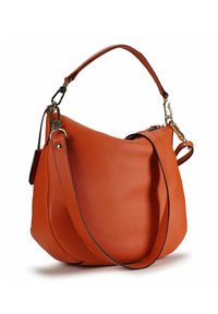 Grote oranje leren handtas met een getextureerd oppervlak, een gebogen vorm, een enkele schouderriem en goudkleurige metalen accenten.