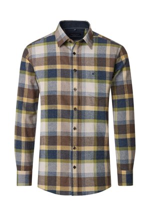 Langärmliges Hemd mit durchgehender Knopfleiste, kariert in Braun, Blau, Grün und Gelb, mit klassischem Kragen.
