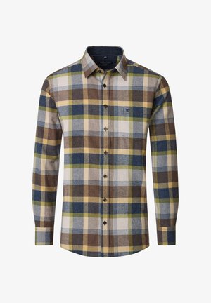 Langärmliges Hemd mit durchgehender Knopfleiste, kariert in Braun, Blau, Grün und Gelb, mit klassischem Kragen.