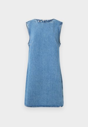 Denim sleeveless dress in light blue, with a round neckline and a straight cut. Features side seams and a hemmed bottom edge.