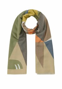 Écharpe à motifs en tissu doux dans des teintes de vert, marron, orange et bleu, avec des formes géométriques dans un design léger.