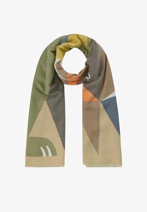 Patroon sjaal gemaakt van zachte stof in groen, bruin, oranje en blauw, met geometrische vormen in een licht ontwerp.