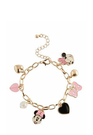 Goldene Gliederarmkette mit Minnie-Maus-Anhänger sowie rosa, schwarzen und goldenen Herz- und Schleifenanhängern, die daran hängen.
