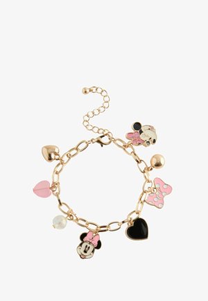 Gold chain bracelet with Minnie Mouse and pink, black, and gold heart and bow charms hanging around it.