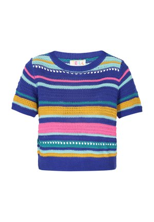 Gebreid T-shirt met korte mouwen, voorzien van horizontale strepen in blauw, roze, groen, geel en turquoise, met ingeweven oogjes rond de halslijn.