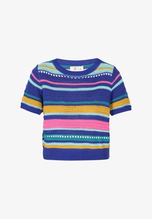 Kootud lühikeste varrukatega topp, millel on horisontaalsed triibud sinises, roosas, rohelises, kollases ja türkiissinises ning aukude detailid dekoltee ümber.