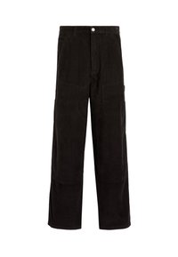 Pantaloni in corduroy neri con un design a gamba larga, dotati di tasche ampie, chiusura con bottone e una superficie texturizzata.