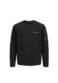 Svart sweatshirt med rund halsringning, långa ärmar och en blixtlåsficka på vänster arm. Slät textur och minimalistisk design.