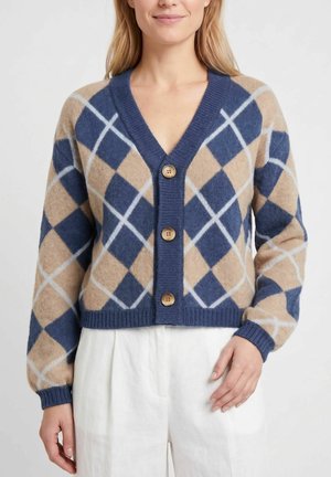 Mujer que lleva un cárdigan con patrón de rombos azul y beige con botones de madera, combinado con pantalones blancos de talle alto, de pie frente a un fondo liso.