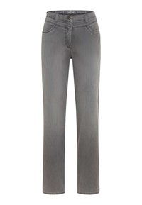 Jeans in denim grigio con un design a gamba dritta, dotati di tasche frontali, passanti per cintura e una chiusura a bottone classica in vita.