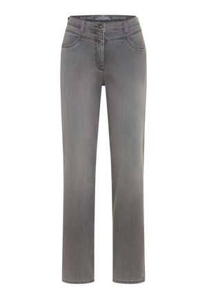Jean en denim gris avec une coupe droite, comprenant des poches avant, des passants de ceinture et une fermeture à bouton classique à la taille.