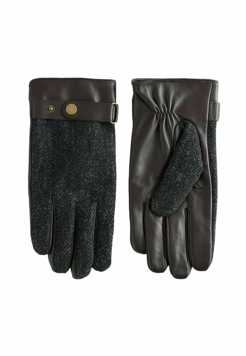 Bruine leren handschoenen met een visgraatwolstof, voorzien van een drukknoop en verstelbare riem, ontworpen voor warmte en grip.