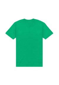 Grøn bomuld T-shirt, korte ærmer, klassisk rund hals, ensfarvet, glat tekstur, enkelt design, kun set fra ryggen.