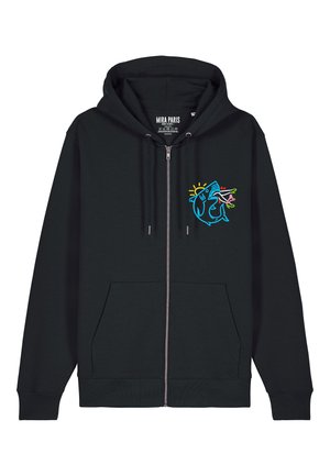 Hoodie zippé noir en mélange de coton. Présente un graphique coloré de requin sur la poitrine gauche, une poche kangourou et des poignets côtelés.