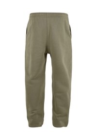 Khakifarbene Sweatpants mit elastischem Bund, Seitentaschen und lockerer Passform. Hergestellt aus einem weichen Baumwollmischgewebe, das eine glatte Textur aufweist.