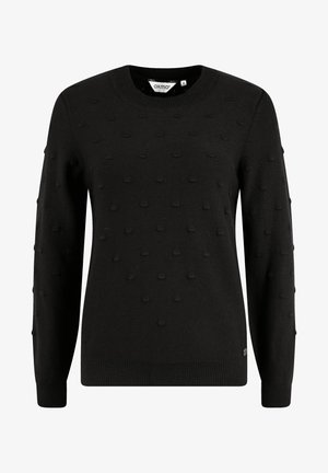 Black sweater made of knit material, features raised dot textures, crew neckline, ribbed cuffs and hem, label on the inside.