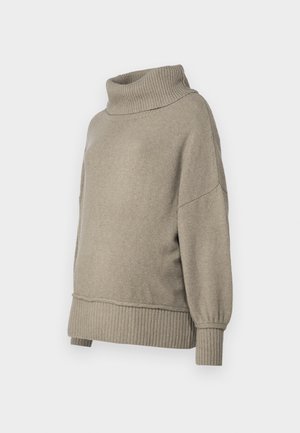 Suéter de malha cinza claro com um alto decote canelado e punhos canelados. Ajuste solto com uma textura suave, apresentando costuras de ombro caídas.