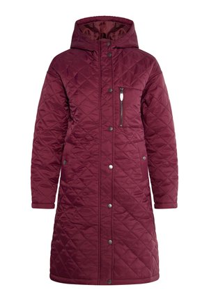 Burgundowy ocieplany płaszcz z kieszenią na zamek i wzorem w romby, z kapturem. Oferuje zatrzaski oraz długość do kolan.