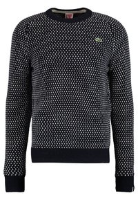 Pull navy avec un motif texturé blanc, col rond, et bords-côtes aux poignets et à l'ourlet. Présente un petit logo vert sur la poitrine.