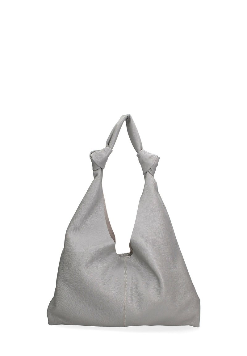 Grijze leren hobo-tas met een unieke knoopvormige handgreep en een open bovenkant. Zachte textuur met een slordige vorm en zichtbare stikseldetails.