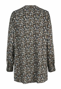 Blumen-Bluse mit langen Ärmeln, die einen dunklen Hintergrund mit kleinen weißen, braunen und blauen Blumen zeigt, mit geknöpften Manschetten und geradem Schnitt.