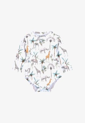 Une combinaison à manches longues avec une base blanche ornée d'imprimés colorés d'animaux et de palmiers, comprenant des girafes, des éléphants et des léopards, fabriquée en tissu doux.