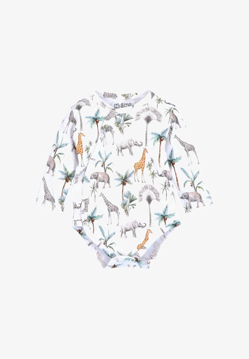 Long-sleeve onesie featuring a white base with colorful animal and palm tree prints, including giraffes, elephants, and leopards, made from soft fabric.