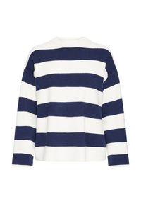 Suéter de punto a rayas en azul marino y blanco con un escote redondo, mangas largas y un ajuste holgado, que presenta rayas horizontales anchas.
