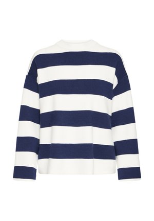 Marineblauw en witte gestreepte gebreide trui met een ronde halslijn, lange mouwen en een relaxed fit, met brede horizontale strepen.