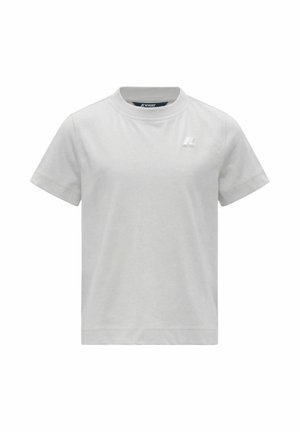 T-shirt semplice grigio chiaro a maniche corte con collo rotondo e piccolo logo in rilievo sul petto sinistro.