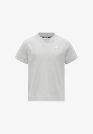T-shirt semplice grigio chiaro a maniche corte con collo rotondo e piccolo logo in rilievo sul petto sinistro.