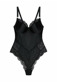 Czarny body wykonane z satyny i koronkowych materiałów. Posiada fiszbiny, regulowane ramiączka oraz falbaniasty koronkowy dół z zapięciem na zatrzask.