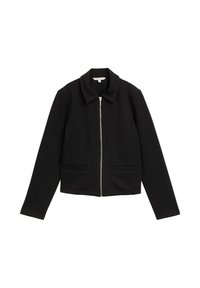 Black jacket made of textured fabric, featuring a collar, front zipper closure, and two horizontal pockets on the front.