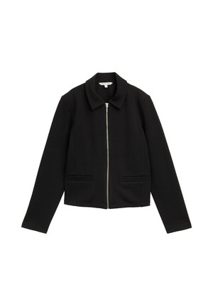 Schwarze Jacke aus strukturiertem Stoff, mit Kragen, Frontreißverschluss und zwei horizontalen Taschen auf der Vorderseite.