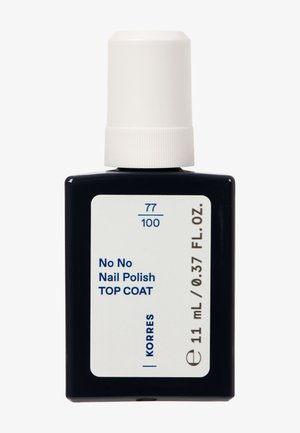 Bouteille carrée noire avec un capuchon blanc à rabat. L'étiquette avant présente un texte bleu : "No No Nail Polish TOP COAT" et les détails du produit. Contient 11 mL.
