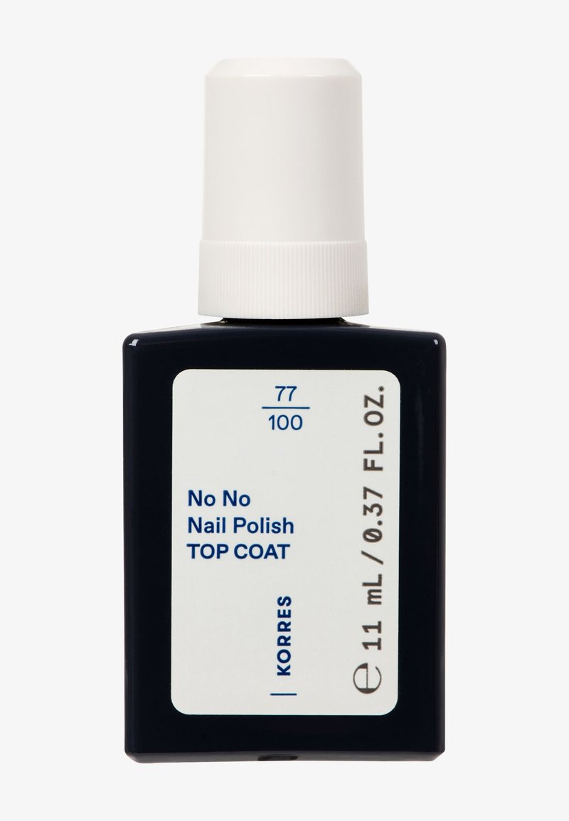 Bottiglia quadrata nera con un tappo flip bianco. L'etichetta frontale presenta testo blu: "No No Nail Polish TOP COAT" e dettagli del prodotto. Contiene 11 mL.