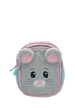 Gray plush backpack with pink accents, featuring mouse face details, large eyes, and ear shapes on top. Includes a zippered compartment.