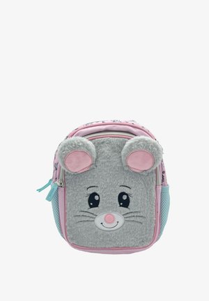 Grau plüschiger Rucksack mit pinken Akzenten, der mit Mäusesicht-Details, großen Augen und Ohrenformen an der Oberseite ausgestattet ist. Enthält ein Reißverschlussfach.