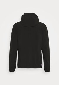 Schwarze kapuzenjacke mit langen Ärmeln, von hinten gezeigt, mit einem kleinen runden Logo nahe dem unteren Saum auf der rechten Seite.