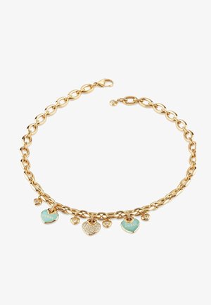 Gold chain necklace featuring heart charms, some with turquoise accents and one adorned with rhinestones. Text includes "GUESS" on one charm.