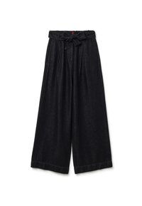 Hoge taille zwarte wijde broek met een stoffen riem die in een strik om de taille is gebonden, voorzien van riemlussen en plooien.